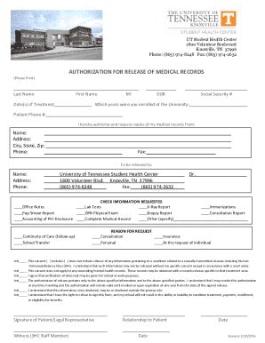 University Of Tennessee Knoxville Authorization For Release Of Medical ...