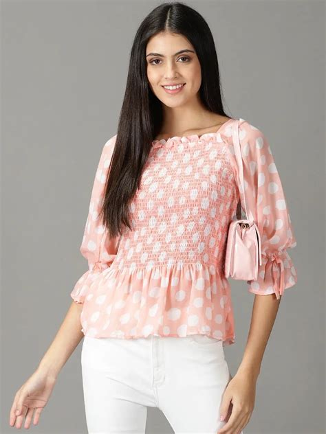 Buy Women's Peach Polka dots Print Peplum Top | Showoffff