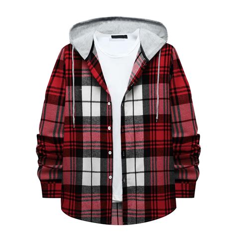 ZCFZJW Mens Classic Plaid Long Sleeve Hooded Shirts Casual Thin Cotton ...