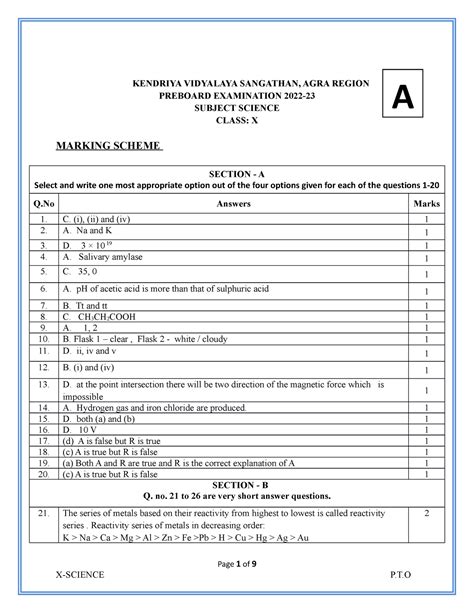X Science PB 1 Answer KEY AGRA Region KVS - KENDRIYA VIDYALAYA ...