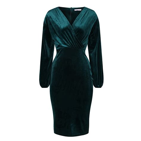 Green Velour Crossover Top Long Sleeve Wiggle Pencil Dress - Pretty ...