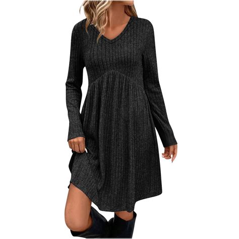 Besolor Womens Long Sleeve Fall Dresses V Neck Empire Waist Casual ...