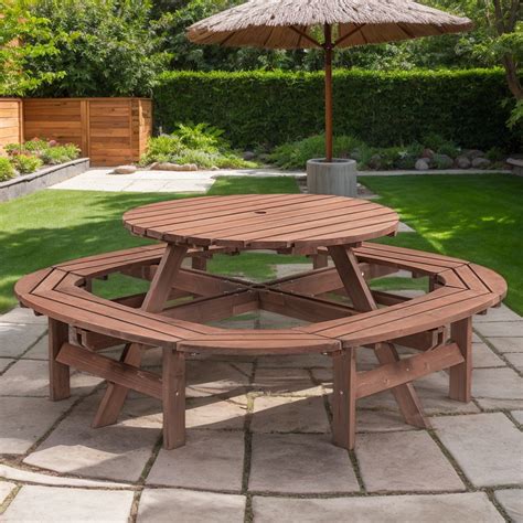 Gracie Oaks 10-12-Person Outdoor Round Wooden Picnic Table For Patio ...