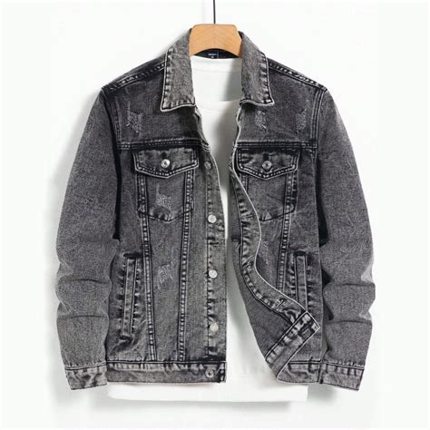 Distressed Denim Jacket Men Grey Denim Jacket Ripped Denim Jacket ...