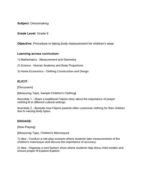 Image result for Sample Lesson Plan Dressmaking