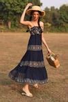 Buy Blue Georgette Embroidery Square Neck Floral Print Tiered Dress For ...
