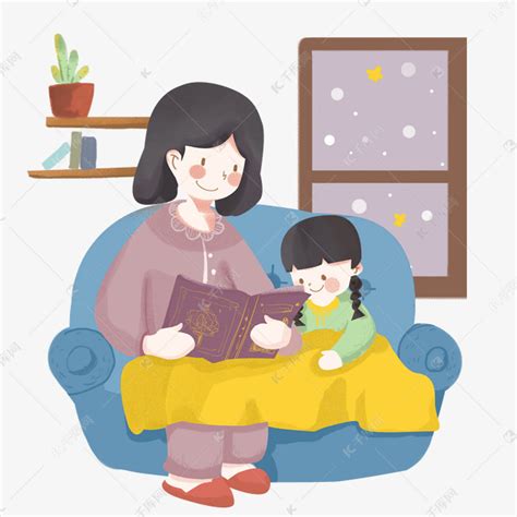 冬季夜晚妈妈给女儿讲睡前故事卡通插画素材图片免费下载-千库网