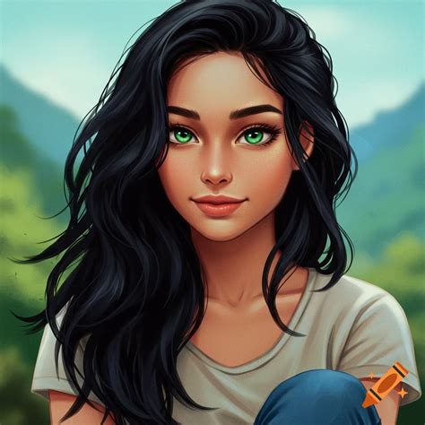 Stylized portrait of a woman with long black hair and striking green ...