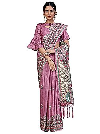 AKHILAM Women's Silk Blend Madhubani Printed Saree with Unstitched ...