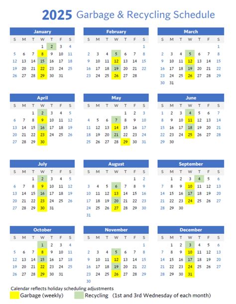 2025 Garbage & Recycling Schedule Printable
