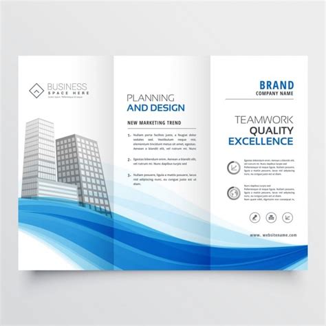 Modern trifold brochure layout template with blue wave | Free Vector