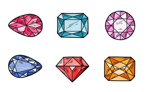 Doodle hand drawn gems. Colorful line art gem stones vector isolated ...