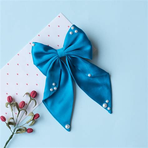 Big fancy satin bow on alligator clip embellished with pearls - Blue ...