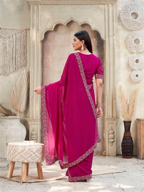 Ready to wear pink colored poly georgette gown saree with embroidery c