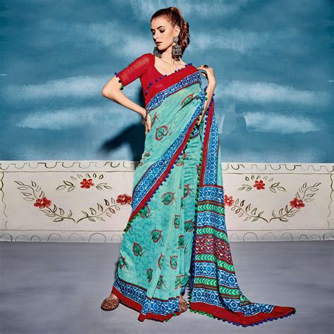 Light Blue Printed Cotton Blend Saree With Pumpum Lace