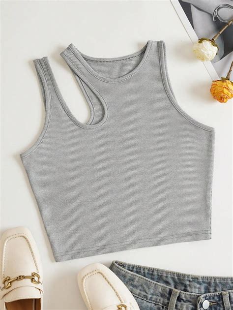 INAWLY Solid Cut Out Shoulder Ribbed Knit Tank Top For Summer | SHEIN USA