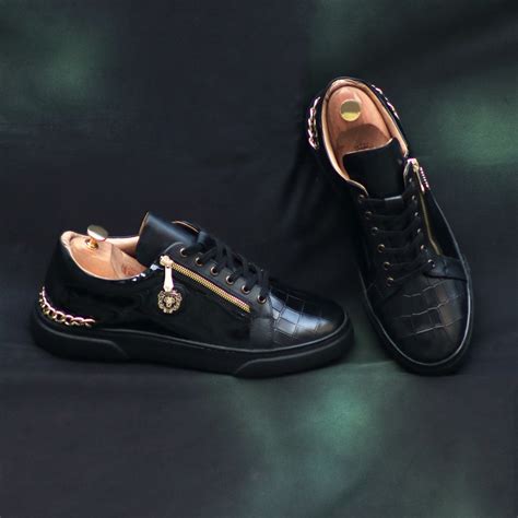 Golden Chain Embellished Sneakers with Zipper Lace Up Patent Quarter w
