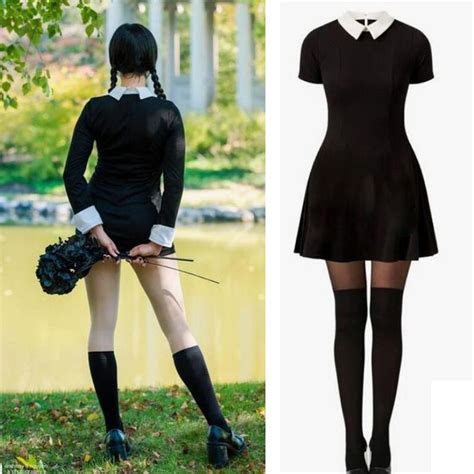 Women s fashion black short sleeve mini dress wednesday addams cosplay fancy dress halloween ...