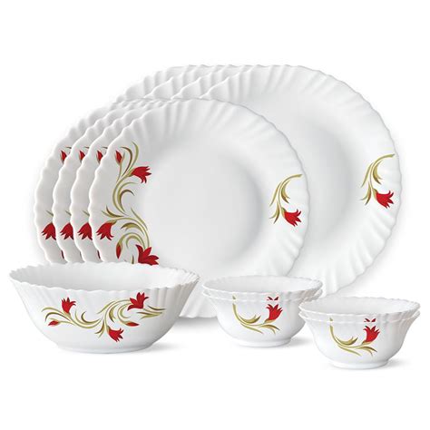 Larah by Borosil Fluted Series Red Lily Opalware Dinner Set | 13 Piece ...
