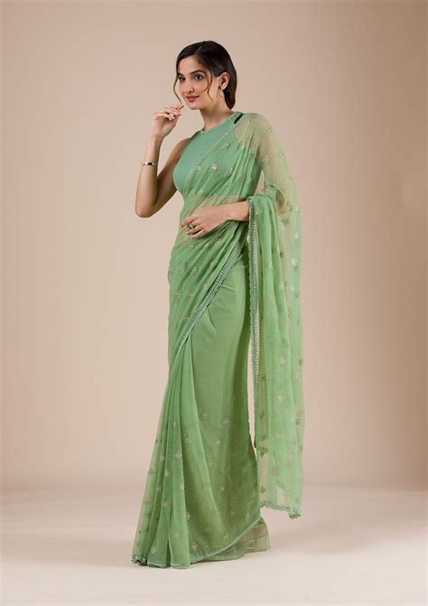 Buy Pista Green Threadwork Chiffon Saree - Koskii