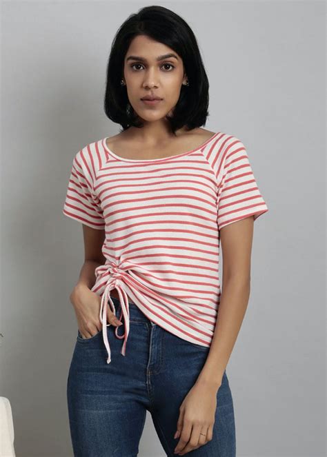 Get Drawstring Hem Detail Striped Round Neck T-Shirt at ₹ 1049 | LBB Shop