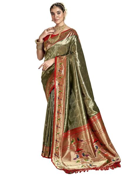 Buy SIRIL Women's Tissue Silk Paithani Jacquard Saree With Unstitched ...