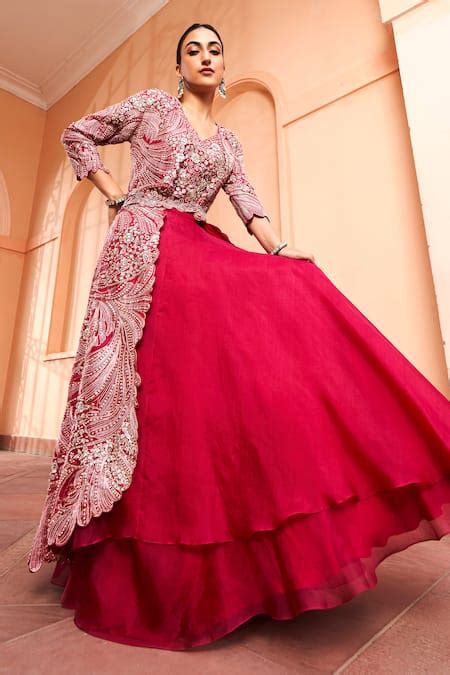Buy Red Organza Zari, Embroidery V-neck Zardozi Jacket Skirt Set For ...