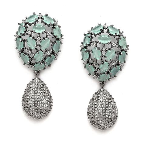 Buy ZENEME Rhodium-Plated Gunmetal Toned American Diamond Teardrop ...