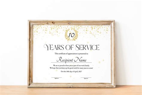 10 Years of Service Anniversary Award Certificate of Appreciation ...