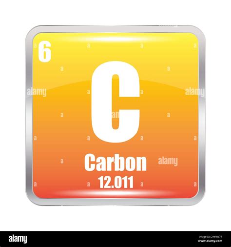 Carbon element icon. Atomic number six. Periodic table symbol. Gradient yellow orange background ...