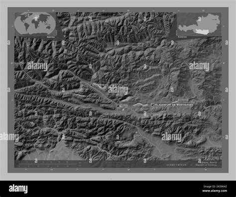 Karnten, state of Austria. Grayscale elevation map with lakes and rivers. Locations and names of ...