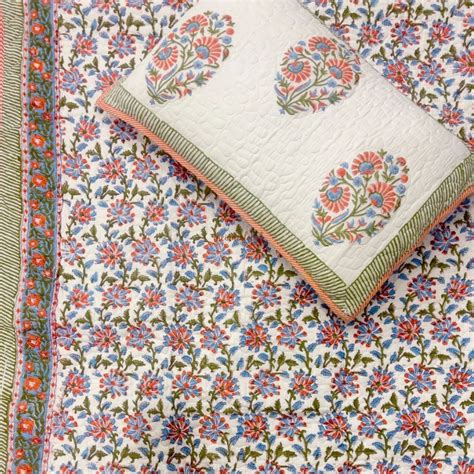 Rang Reversible Hand Block Printed Quilted Cotton Bedcover with Two Pi ...