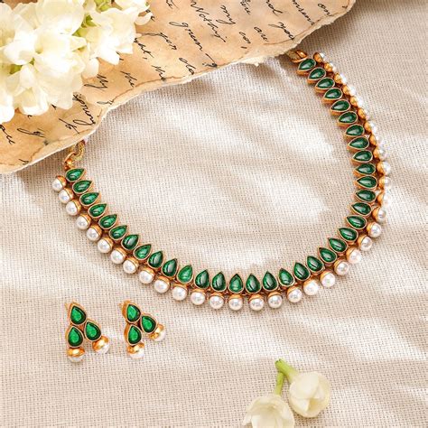 Rubans 22K Gold-Plated Green Stone & Pearl Beaded Traditional Jeweller