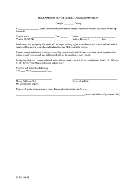 Georgia Motor Vehicle Ownership Disclaimer - Blank Fillable Template ...