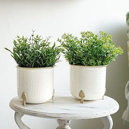 BEHOMA Metal Hammered White Planter with Golden Trim for Home Decor ...