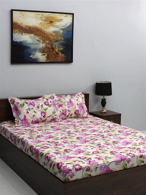 Buy Bombay Dyeing 120 TC Cotton Pink Epigram Double Bedsheet with 2 ...