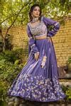 Buy Blue Crepe Embroidery Split V-neck Thread Lehenga Set For Women by ...