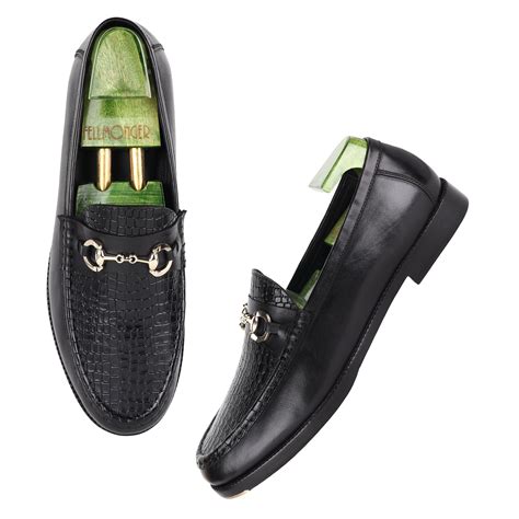 Black Mirror Glossed Croco Detail Buckle Mocassin + Metal Toe Plate ...