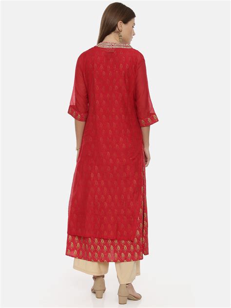 Neerus Women Red Gold-Toned Printed Straight Kurta – Neerus India