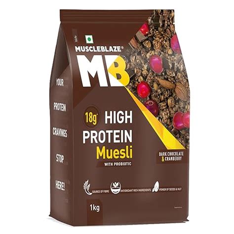 MuscleBlaze High Protein Muesli, Dark Chocolate & Cranberry, 18 g ...