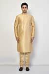 Buy Gold Silk, Cotton Mandarin Collar Metallic Kurta Set For Men by ...