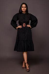 Buy Black Cotton Geometric And Neon Thread Work 3d Embroidered Tiered ...