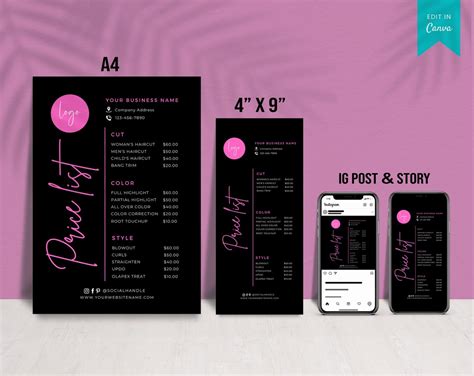Buy Editable Price List Template Printable Price Guide Salon Online in ...