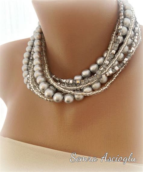Handmade Chunky Bridal Silver Pearl Necklace With Sparkle Gray Crystal ...