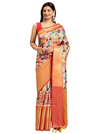 Buy vastranand Women's Kalamkari Floral Digital Prints Zari Woven ...
