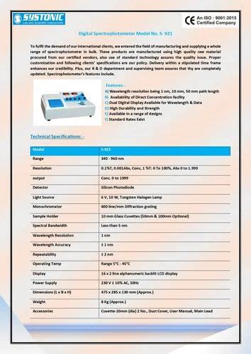 Systonic S-921 Spectrophotometer - Digital Visible Spectrophotometer ...