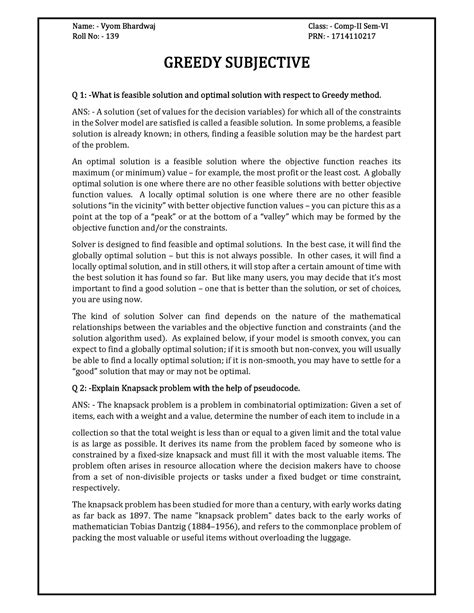 DAA-greedy - Lecture notes 3-4 - Roll No: - 139 PRN: - 1714110217 Q 1 ...