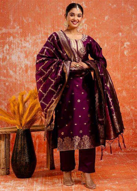 3 Pc Purple Readymade Cotton Dupatta Suit Set