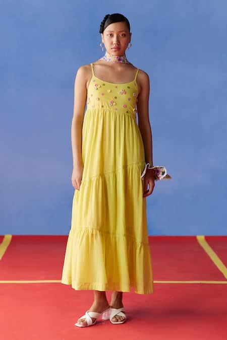 Buy Yellow Cotton Embroidery Scoop Azalea 3d Crochet Floral Embellished ...