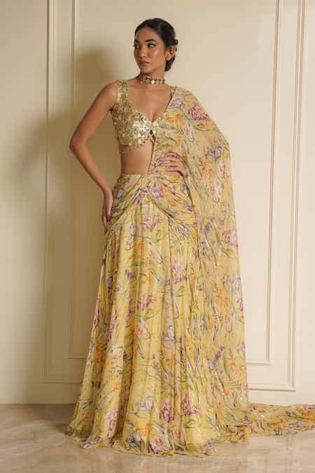 Buy Yellow Chiffon Sequins, Embroidery Daisy Dream Pre-draped Saree ...